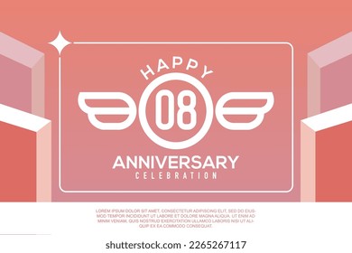 08th year anniversary design letter with wing sign concept template design on pink background abstract illustration