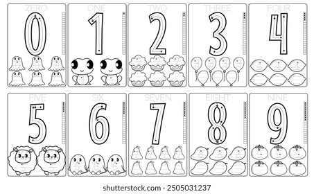 0-9 Ilustraciones en blanco y negro para colorear del aprendizaje de los niños que siguen números