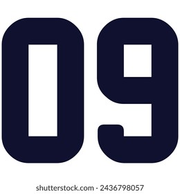 09 Classic Vintage Sport Jersey  Uniform numbers in black with a black outside contour line number on white background for American football, Baseball and Basketball or soccer for shirt