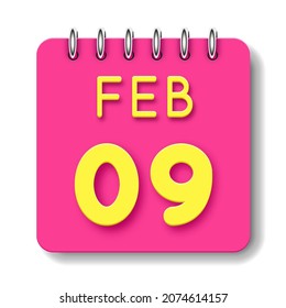 09 day of the month. 9 February. Cute calendar daily icon. Date day week Sunday, Monday, Tuesday, Wednesday, Thursday, Friday, Saturday.