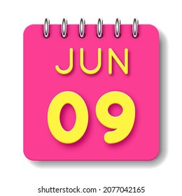 09 day of the month. 09 June. Cute calendar daily icon. Date day week Sunday, Monday, Tuesday, Wednesday, Thursday, Friday, Saturday.
