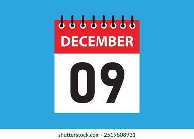 9 de diciembre. 9 de diciembre Diseño de calendario diario exclusivo y moderno profesional. Diseño de icono plano de horario de reunión. Papel de color blanco y rojo. Texto en color blanco y negro. Ilustración vectorial eps 10.