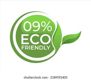 09% Eco friendly circle label sticker Vector illustration with green organic plant leaves. Eco friendly stamp icon. 2d vector illustration. 
