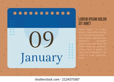 9 de enero Diseño de plantilla de calendario con título y párrafo. Ilustración vectorial conceptual del calendario.