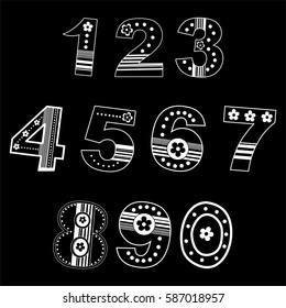 0-9 numbers set isolated on black background. Floral numbers collection. Vector illustration