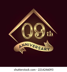 09 year anniversary celebration. Anniversary logo with square and elegance golden colour isolated on red background, vector design for celebration, invitation card, and greeting card
