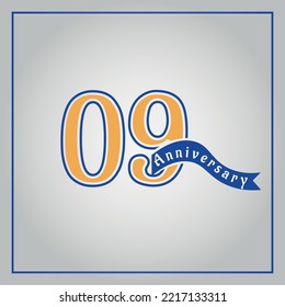 09 Years Anniversary celebration logotype colored with yellow and blue, using blue ribbon and isolated on gray background.
