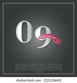 09 Years Anniversary celebration logotype colored with shiny gray, using ribbon and isolated on black background
