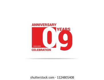09 Years Anniversary celebration simple red design logo type. silhouette number inside white box vector illustration. 