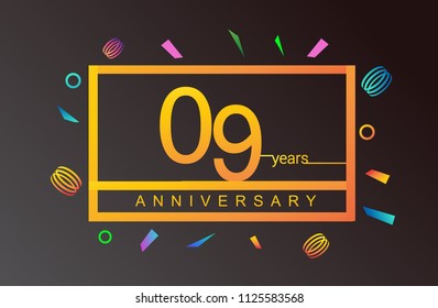 09 years anniversary celebration white square style isolated with colorful confetti background, design for anniversary celebration.
