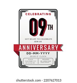 09 Years Anniversary Logo Celebration and Invitation Card with red ribbon Isolated on white Background