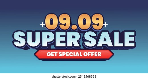 09.09 Super Sale banner with bold 'Get Special Offer' text on a blue gradient background. Perfect for e-commerce promotions with eye-catching colors and modern style.