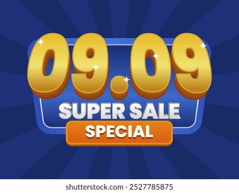 09.09 Super Sale Special banner with bold golden 3D text on a radiant blue background. Featuring eye-catching typography and vibrant colors for an exclusive promotion.