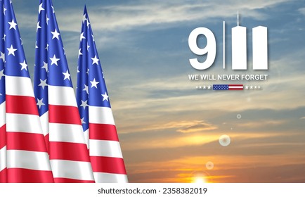 09.11.2001 American Patriot Day banner. USA flag against the sunset. EPS10 vector
