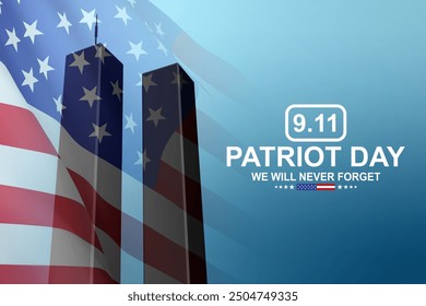 09.11.2001 American Patriot Day banner. Silhouette of Twin Towers with USA flag on blue background. EPS10 vector