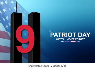 09.11.2001 American Patriot Day banner. Silhouette of Twin Towers with USA flag on blue background. EPS10 vector
