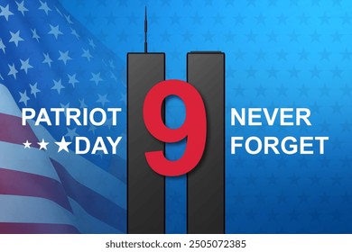 09.11.2001 American Patriot Day banner. Silhouette of Twin Towers with USA flag on blue background. EPS10 vector