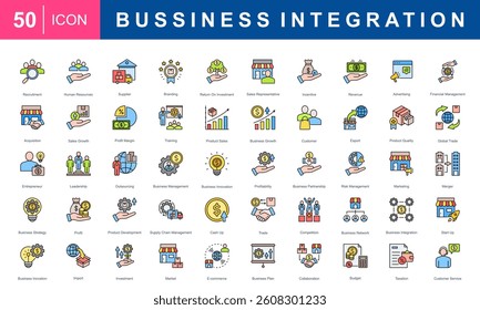 09-Bussiness Integration Icon Set-Flat Line Style. A set of 50 business integration icons. Perfect for presentations, websites, and apps.