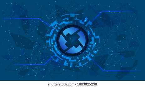 0x token symbol of the DeFi project in a digital circle with a cryptocurrency theme on a blue background. ZRX cryptocurrency icon. Decentralized finance programs. Copy space. Vector EPS10.