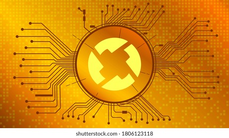 0x ZRX cryptocurrency token symbol of the DeFi project in circle with PCB tracks on gold background. Currency icon. Decentralized finance programs. Vector EPS10.