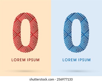 0,Zero ,Number ,Luxury font, designed using red and blue line square geometric shape, hot and cool tone, logo, symbol, icon, graphic, vector.