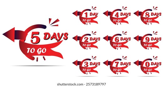 1 to 10 days left lable, 1 to 10 day to go label,  days left lable, red flat with flag shape design, promotion icon for time count. Vector stock illustration.