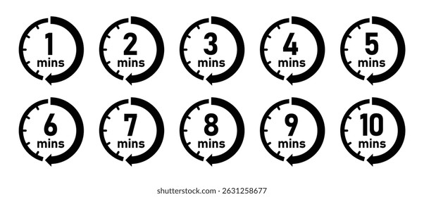 1 to 10 minute timer icon set with 1, 2, 3, 4, 5, 6, 7, 8, 9 10 minutes timer clock isolated vector collection in and black color.