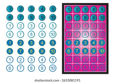 Lista de iconos de 1 a 10 números en círculo con una cuadrícula de números de 1 a 10 Ilustración vectorial de fondo blanco.