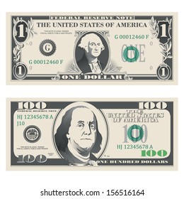 1 and 100 highly detailed dollar bank notes