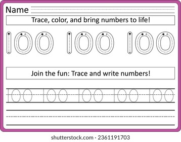 1 to 100 Number  Tracing worksheet 