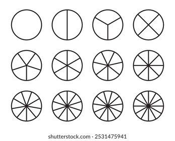 1 to 12 circle parts outline vector design isolated white background