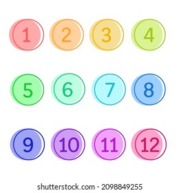 1 to 12 colorful number pack on transparent background. Flat design of numbers, vector illustration of set of numbers.