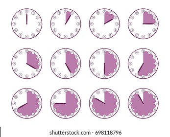 From 1 to 12 every one hour time Interval. Pink clock Flat design Timer Sign. Vector Illustration icon pack.