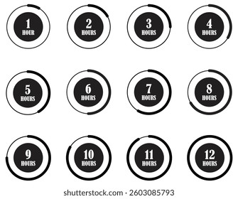1 to 12 hours timer stopwatch for productivity. Stopwatch countdown timer for task scheduling. Deodorant work hours timer with time tracking. Hours sandglass countdown timer for efficiency. Vector