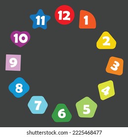 1 to 12 numbers with different geometric shapes design. isolated on gray, eps10. for printing uses. 