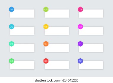 1 to 12 Simple Vector Text Boxes With Hexagons and Shadows