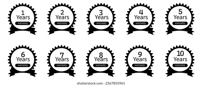  1, 2, 3 and 10 years warranty in hexagon in black color vector product quality sticker.