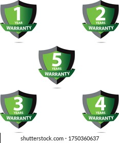 1, 2, 3, 4, and 5 years Warranty Seal Metal Badges set. green color 3d style, vector illustration.