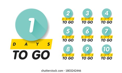 1, 2, 3, 4, 5, 6, 7, 8, 9, 10, days to go. Vector flat illustration. Group pictogram. Set geometric square shape labels on bright colors with number of days left isolated on white background.