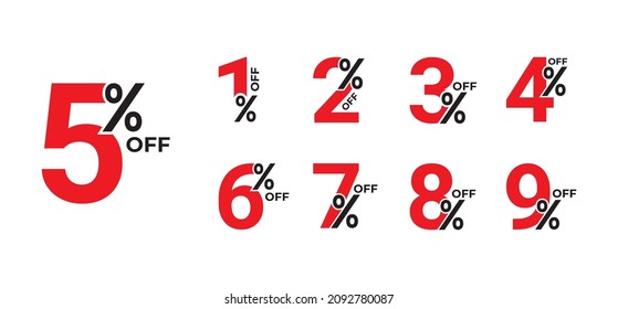 1%, 2%, 3%, 4%, 5%, 6%, 7%, 8%, 9% Discount. Sale tags set vector badges template. Sale offer price sign. Special offer symbol. Discount promotion. Discount badge shape. Vector design