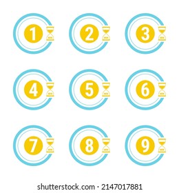 1, 2, 3, 4, 5, 6, 7, 8, 9 minute vector icon, stopwatch symbol, sandglass. Isolated illustration with timer.