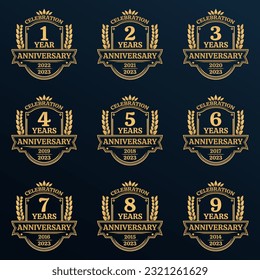 1, 2, 3, 4, 5, 6, 7, 8, 9 years anniversary icon or logo. Vintage birthday banner design with laurel wreath. Anniversary celebration badge or label collection. Vector illustration.