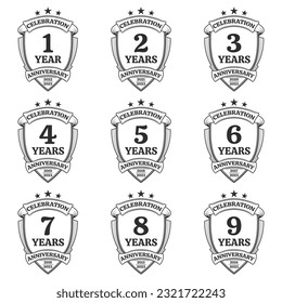 1, 2, 3, 4, 5, 6, 7, 8, 9 years anniversary icon or logo set. Yubilee celebration, company birthday badge or label. Vintage banners with shield and ribbon. Vector illustration.