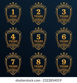 1, 2, 3, 4, 5, 6, 7, 8, 9 years anniversary icon or logo set. Jubilee celebration, company birthday golden badge or label. Vintage banners with shield and ribbon. Vector illustration.