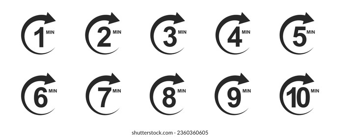 1, 2, 3, 4, 5, 6, 7, 8, 9, 10 minutos iconos con flechas de círculo. Símbolos de Stopwatch. Señales de cuenta regresiva. Temporadas deportivas o de cocina. Pictogramas de entrega, plazo, duración. Ilustración gráfica del vector