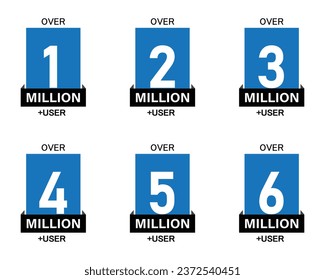 1, 2, 3, 4, 5 and 6 million users sticker stamp set in blue. Over 1 million users labels. Vector Designs
