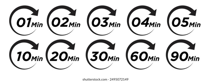 1, 2, 3, 4, 5, 10, 20, 30, 60, 90 min, minutes vector icon set.