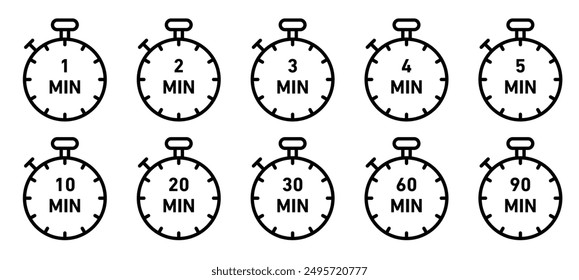 1, 2, 3, 4, 5, 10, 20, 30, 60, 90, minutos de reloj icono de tiempo establecido.