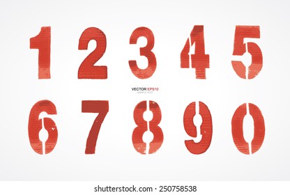 1, 2, 3, 4, 5, 6, 7, 8, 9, 0 - red numbers set isolated on white. Vector illustration.