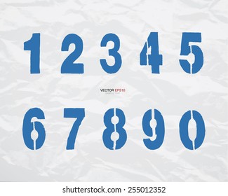 1, 2, 3, 4, 5, 6, 7, 8, 9, 0 - Abstract blue numbers set on crumpled paper texture background. Vector illustration.